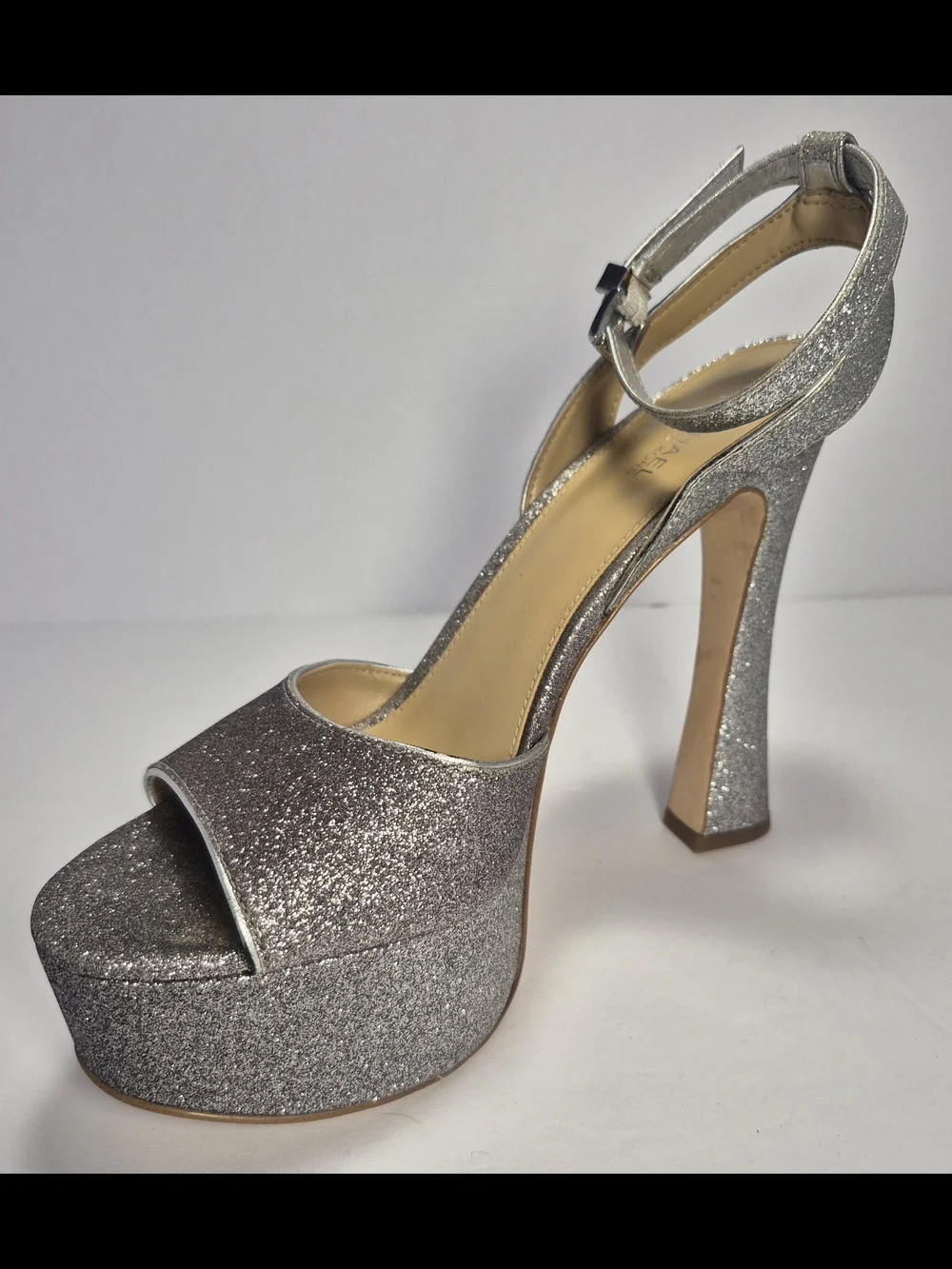 Michael Kors Silver Glitter Chunky Platform Sandals Ankle Strap Buckle Closure